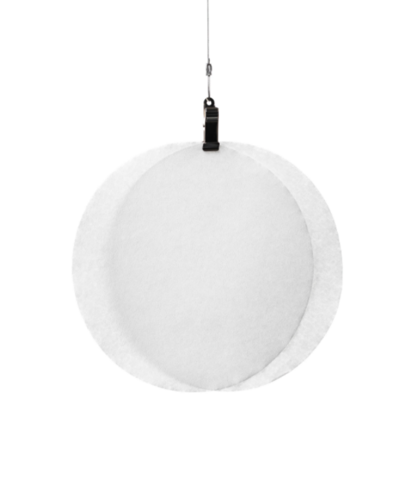Round white felt panel hanging from a cable clip