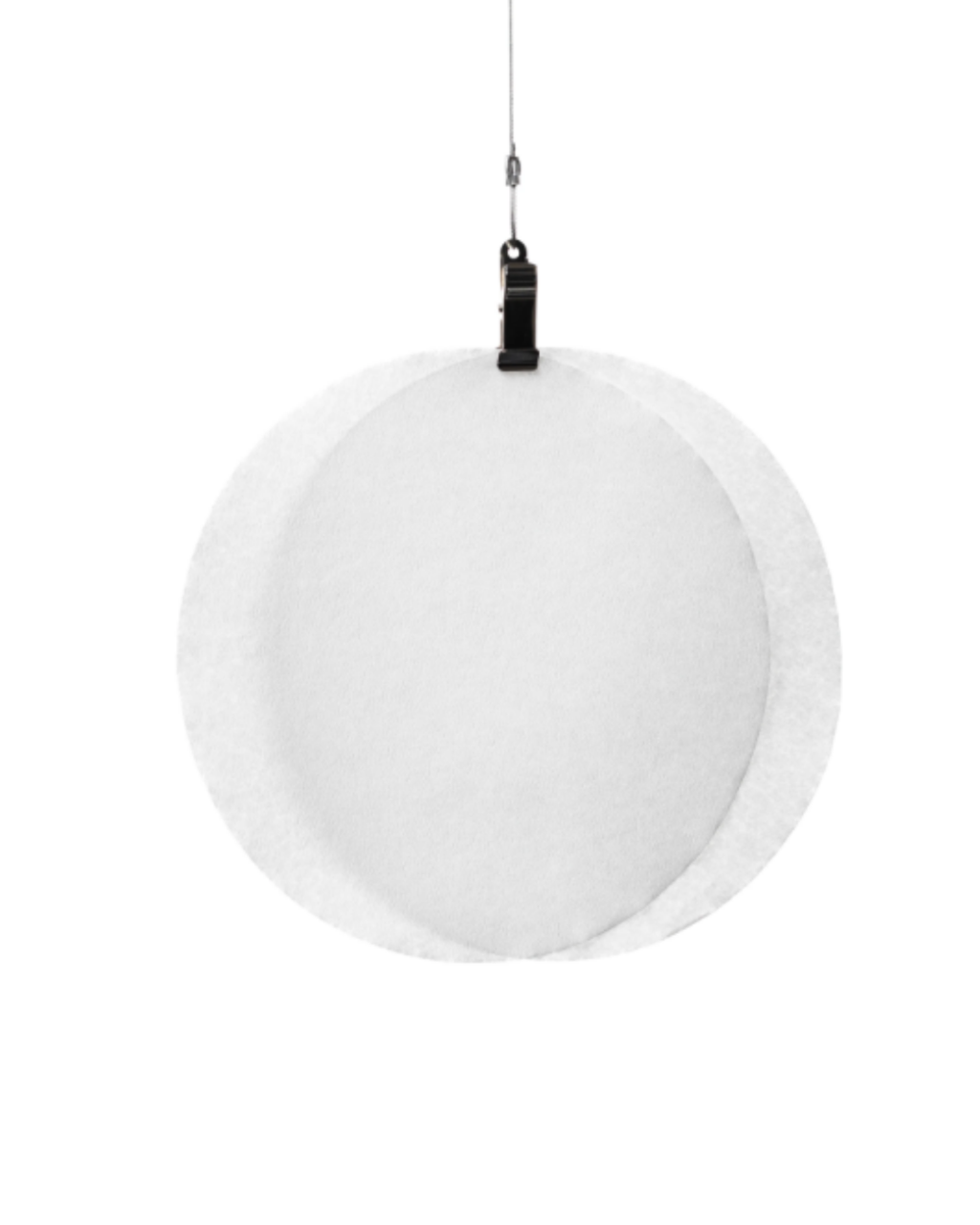 Round white felt panel hanging from a cable clip