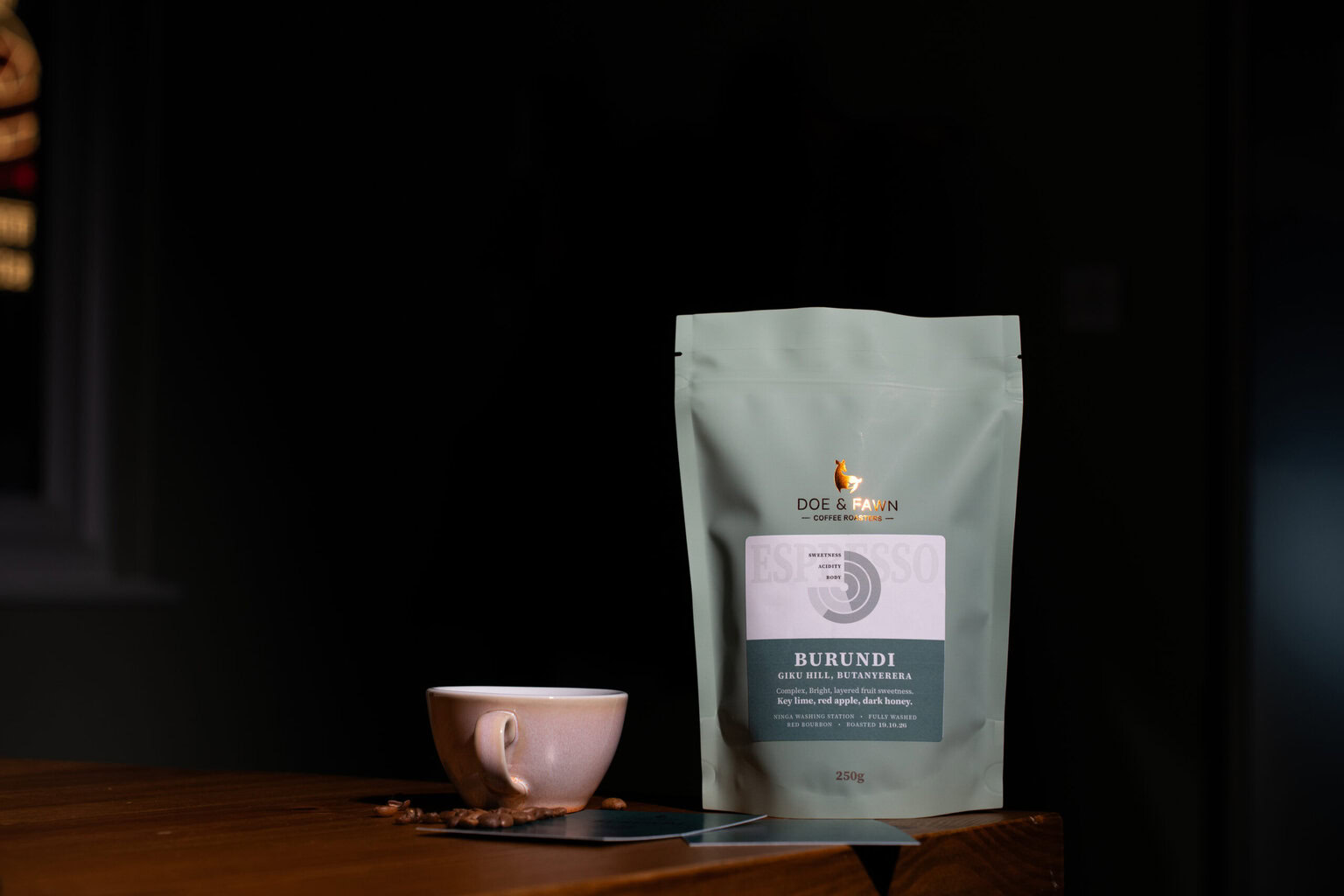 Doe & Fawn Burundi coffee bag with cup