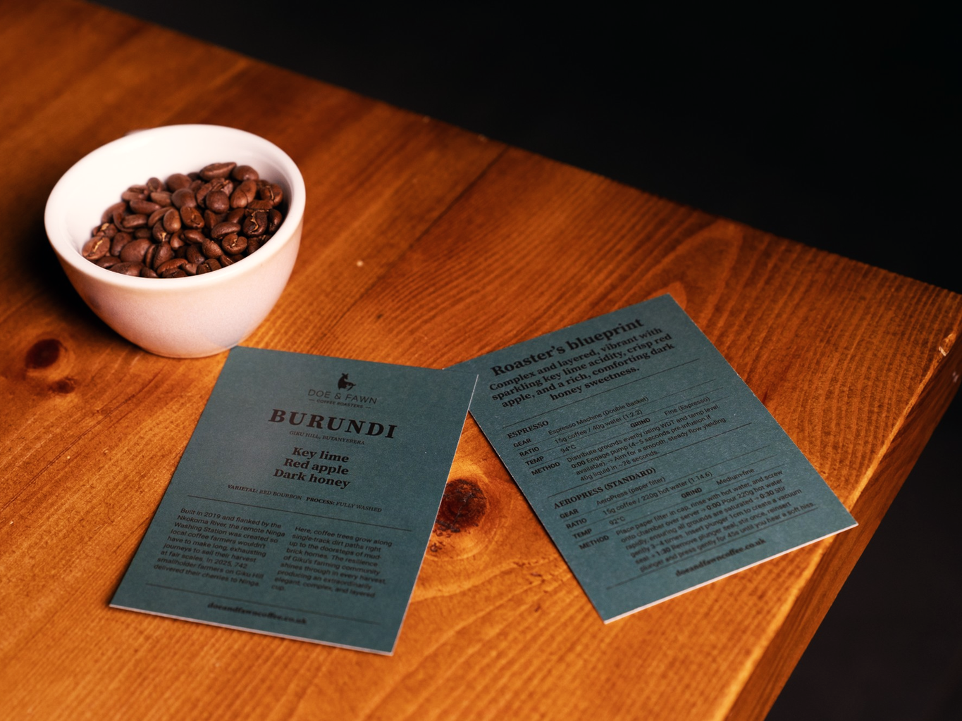 Coffee beans bowl with Burundi roaster information cards